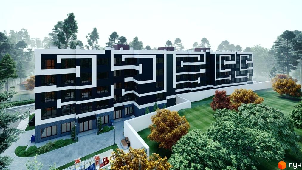 Зображення фасаду Житлового району Novator з оригінальним дизайном. Навколо будинку зелена територія з деревами та газоном.