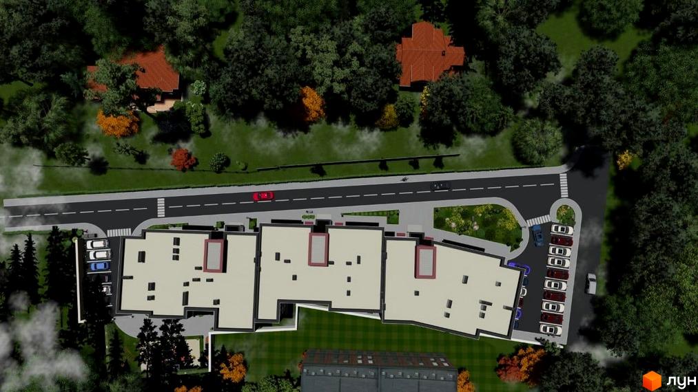 Вигляд зверху на Житловий комплекс Novator з паркінгом та зеленими насадженнями. Поруч дорога та житлові будинки.