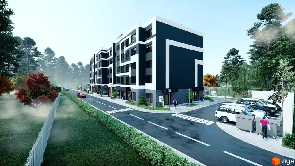 Зображення фасаду та прибудинкової території Житлового комплексу Новатор. На передньому плані дорога та припарковані автомобілі.