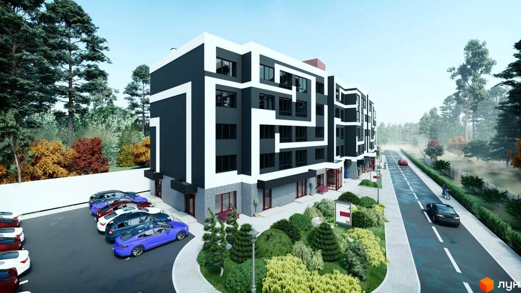 Зображення фасаду будинку Житлового комплексу Novator з паркінгом та прибудинковою територією. Вигляд з вулиці.