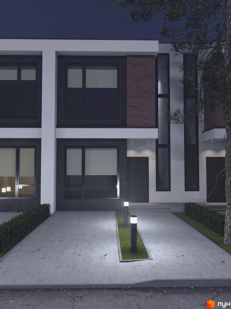 Зображення таунхаусів „На Вишневій“ з великими вікнами та освітленою прибудинковою територією. Фасад оздоблений цеглою.