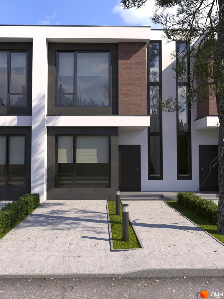 Зображення фасаду таунхаусів „На Вишневій“ з великими вікнами та прибудинковою територією. Вигляд будинку з вулиці.