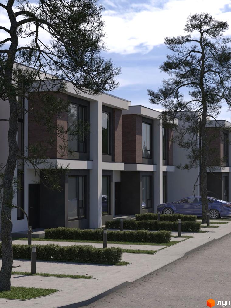 Зображення таунхаусів „На Вишневій“ з двома поверхами та плоским дахом. Перед будинками зелені насадження та припаркований автомобіль.