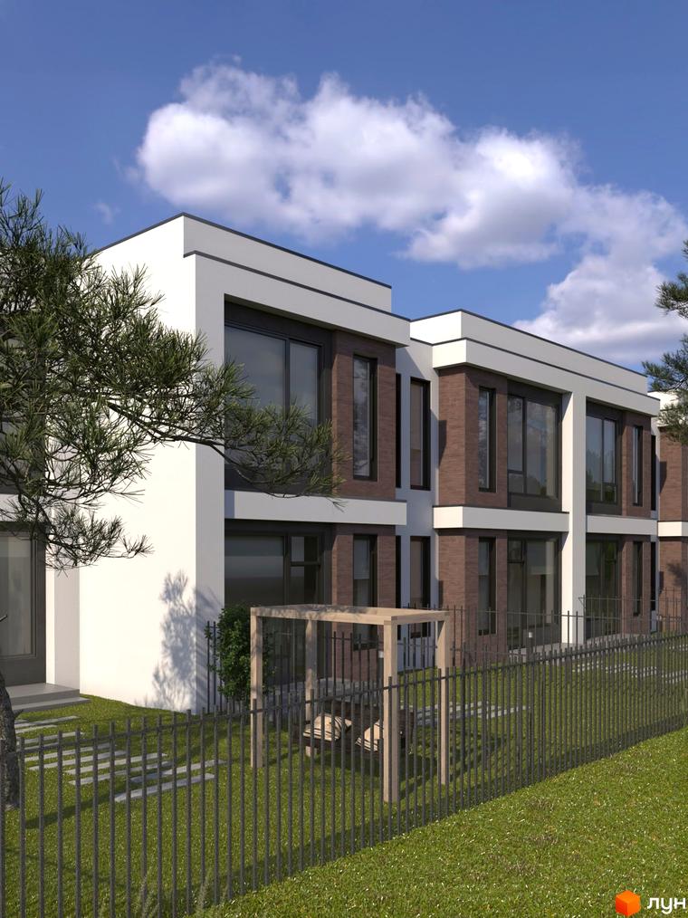 Зображення таунхаусів „На Вишневій“ з прибудинковою територією. Фасад будинку оздоблений цеглою та пофарбований у білий колір.