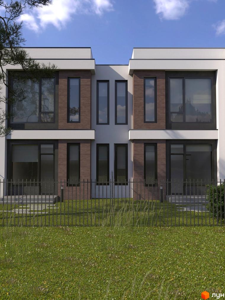 Зображення таунхаусів „На Вишневій“ з великими вікнами та коричневим оздобленням фасаду. Перед будинком зелений газон та металева огорожа.