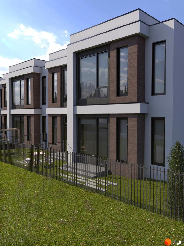 Зображення таунхаусів „На Вишневій“ з великими вікнами та коричневим оздобленням. Перед будинками зелений газон та металева огорожа.