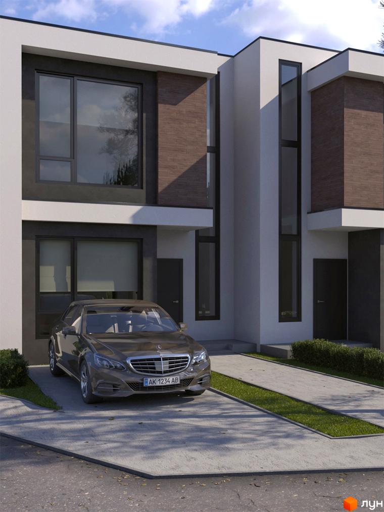 Зображення таунхаусів „На Вишневій“ з автомобілем на передньому плані. Вигляд на фасад будинку та прибудинкову територію.