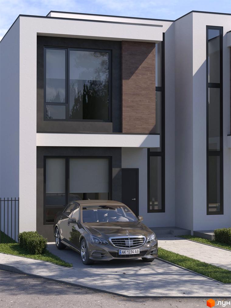 Зображення таунхаусів „На Вишневій“ з автомобілем на подвір'ї. Двоповерхові будинки з великими вікнами та обробкою фасаду.