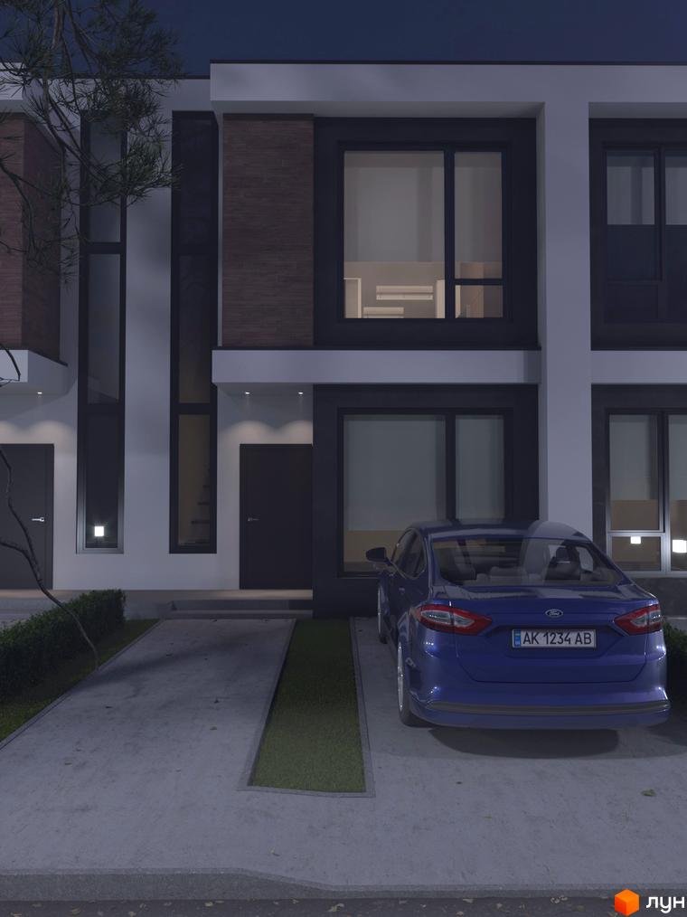 Зображення таунхаусів „На Вишневій“ з припаркованим автомобілем. Вигляд фасаду будинку та прибудинкової території.