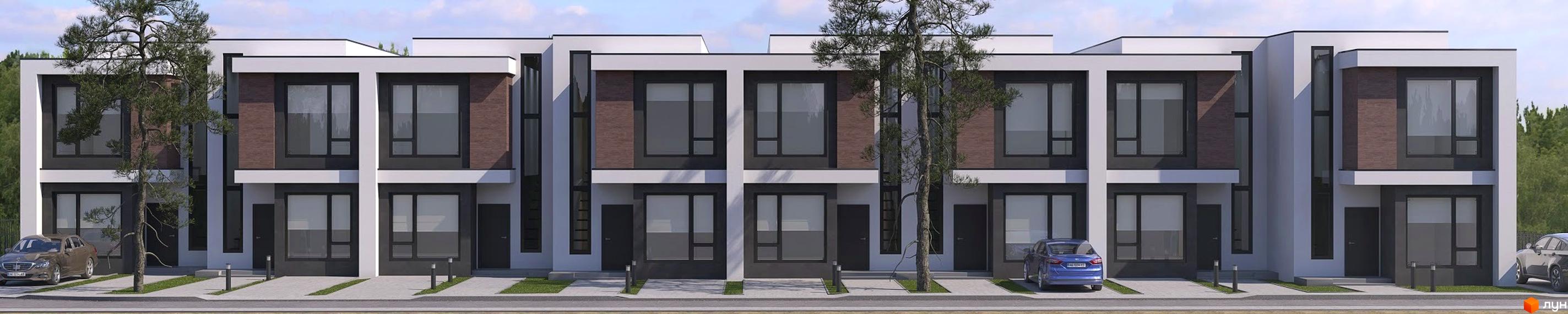 Зображення таунхаусів „На Вишневій“ з великими вікнами та темними фасадами. Перед будинками припарковані автомобілі.