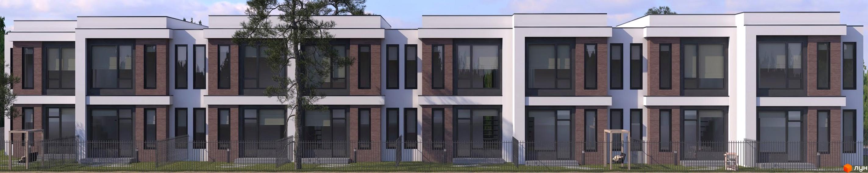 Фасад таунхаусів „На Вишневій“ з великими вікнами та оздобленням під цеглу. Перед будинками газон та металева огорожа.