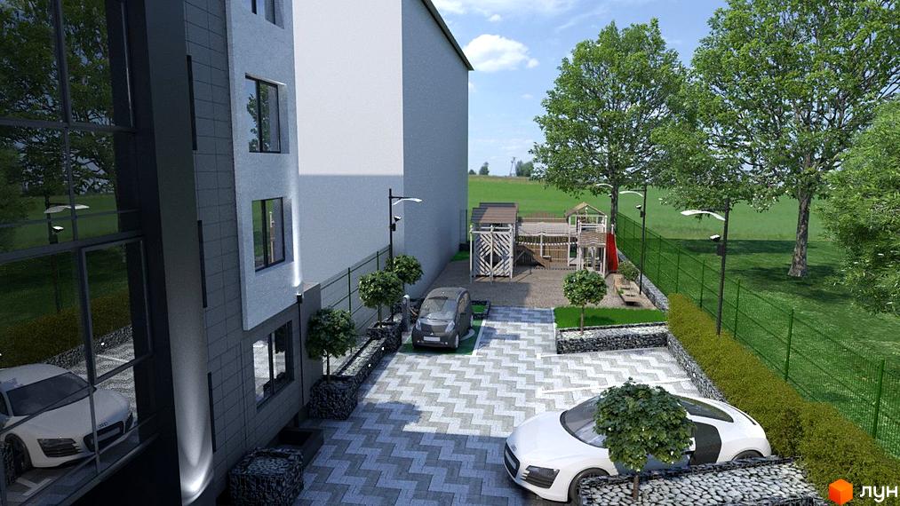 Зображення Житлового комплексу Elite House з виглядом на парковку та дитячий майданчик. На передньому плані білий автомобіль.