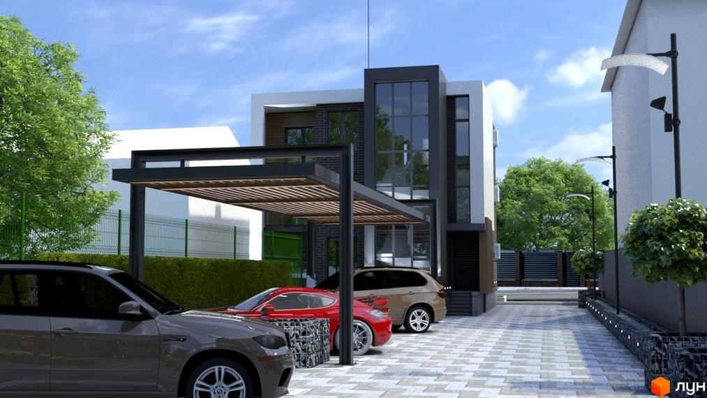 Зображення будинку в Житловому комплексі Elite House з прибудинковою територією та автомобілями. Вигляд фасаду та ландшафтного дизайну.