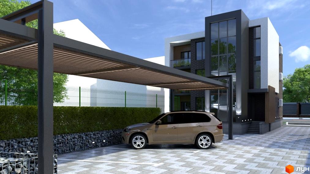 Зображення Житлового комплексу Elite House з автомобілем на парковці. Вигляд фасаду будинку та ландшафтного дизайну.