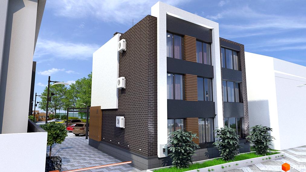 Зображення триповерхового будинку з цегли та білими вставками. Навколо будинку висаджені зелені кущі та трава.