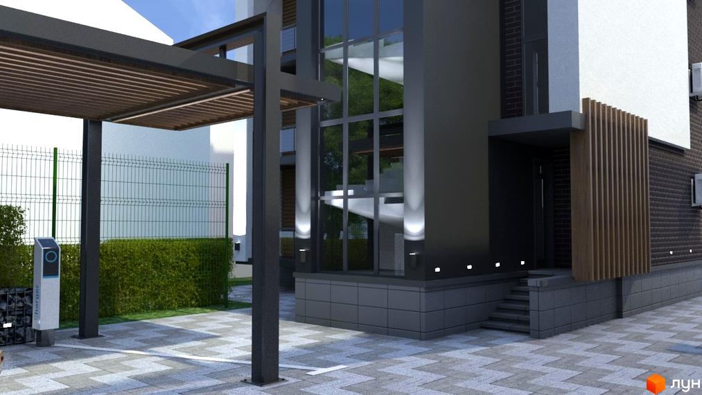 Зображення фасаду та прибудинкової території Житлового комплексу Elite House. Вигляд будинку з двору, бруківка та зелені насадження.