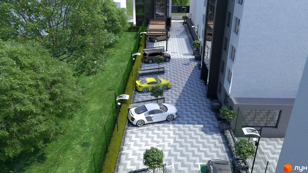 Вигляд на фасад та паркінг Житлового комплексу Elite House. На парковці припарковані автомобілі.