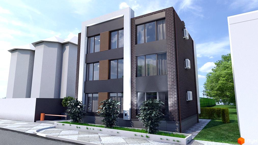 Зображення фасаду триповерхової будівлі Житлового комплексу Elite House з вікнами та цегляною кладкою. Навколо будинку зелені насадження.