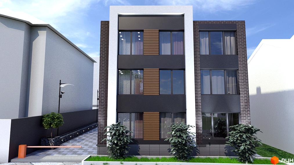 Зовнішній вигляд будинку в Житловому комплексі Elite House з прибудинковою територією. Фасад оздоблено цеглою та темними панелями.