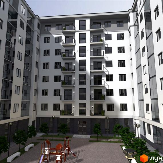 Зображення фасаду та внутрішнього двору Житлового комплексу Європейський квартал. На території є дитячий майданчик та ландшафтний дизайн.