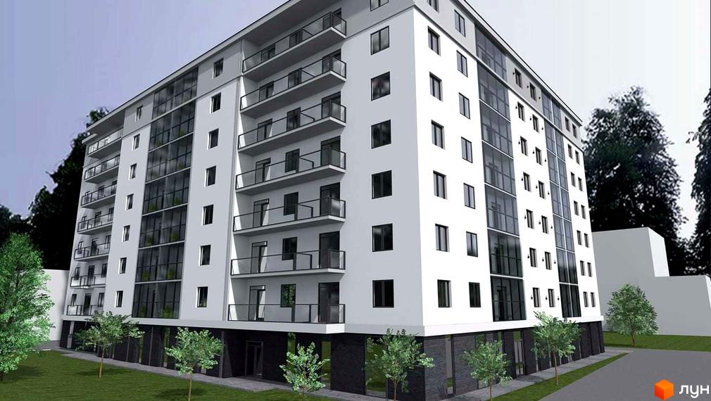 Зображення фасаду та прибудинкової території Житлового комплексу Європейський квартал. Багатоповерховий будинок з балконами та панорамними вікнами.