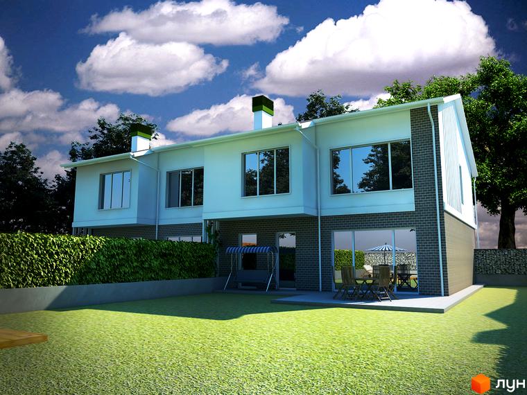 Котеджне містечко КМ Панич: двоповерховий будинок з великими вікнами та цегляною обробкою, зелений газон та зона відпочинку з гойдалкою.