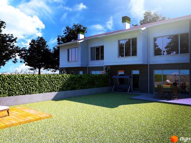 Котеджне містечко Панич. Фасад будинку з великими вікнами, зелений двір з газоном та дерев'яною терасою.