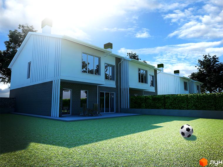 Котеджне містечко КМ Панич. Зовнішній вигляд двоповерхових будинків з цегляним цоколем та білими фасадами. Прибудинкова територія з газоном та футбольним м'ячем.