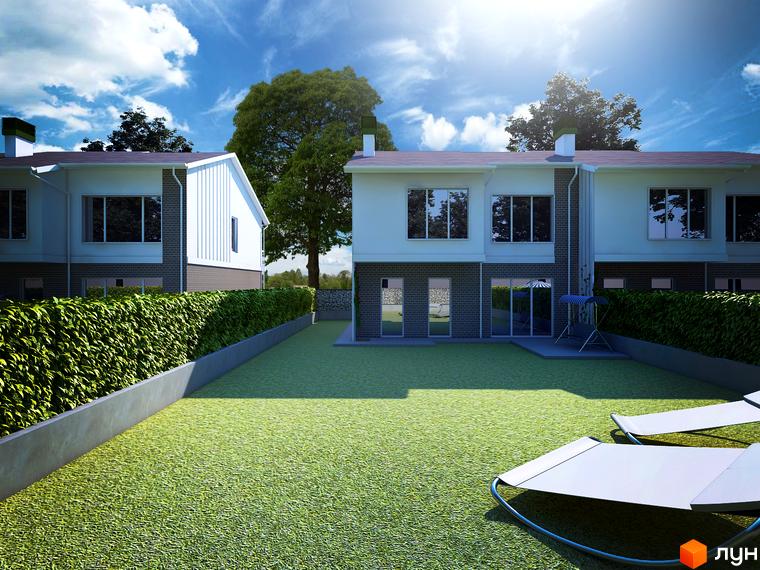 Котеджне містечко Панич: сучасні двоповерхові будинки з цегляним оздобленням та великими вікнами. Доглянутий зелений двір з акуратним газоном, живоплотом та місцями для відпочинку.