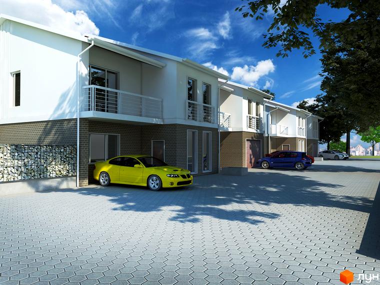 Зовнішній вигляд житлового комплексу КМ Панич з білими фасадами та цегляною обробкою нижнього поверху. Прибудинкова територія з бруківкою та автомобілями.