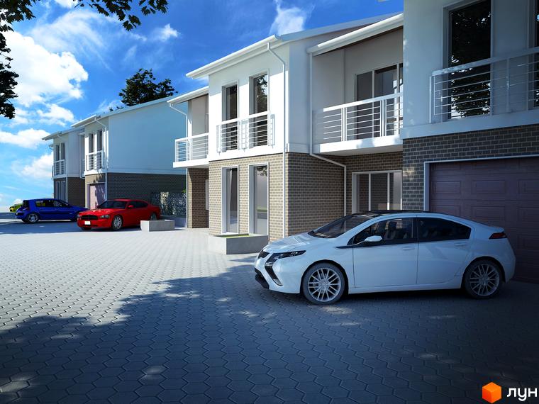 Котеджне містечко КМ Панич. Зовнішній вигляд будинків з балконами та гаражами, прибудинкова територія з автомобілями та бруківкою.