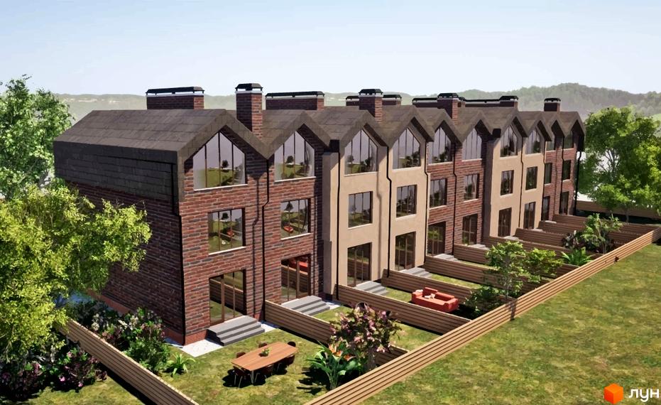 Зображення таунхаусів Modern House з цегли з великими вікнами та зеленим газоном перед будинком. На території є дерев'яний паркан.