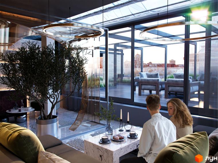 Інтер'єр з панорамним видом у Житловому комплексі Krauss Gallery. Вид на місто з тераси з м'якими меблями та рослинами.