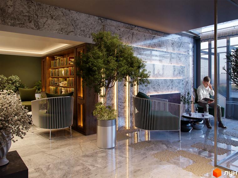 Новобудова Krauss Gallery: світлий інтер'єр з мармуровими поверхнями, великими вікнами, живими рослинами та облаштованими зонами відпочинку.