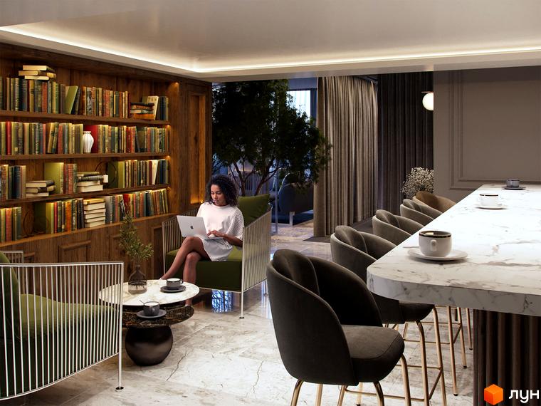 Інтер'єр Житлового комплексу Krauss Gallery: бібліотека з книжковими полицями, місця для відпочинку та барна стійка з кріслами.