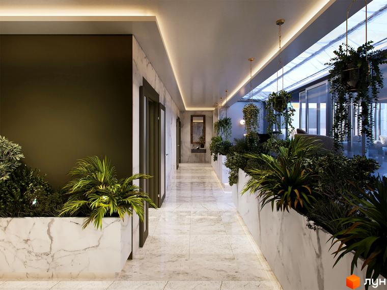 Житловий комплекс Krauss Gallery. Інтер'єрний простір з мармуровою підлогою, світлими та акцентною стінами, доповнений великими рослинними композиціями.
