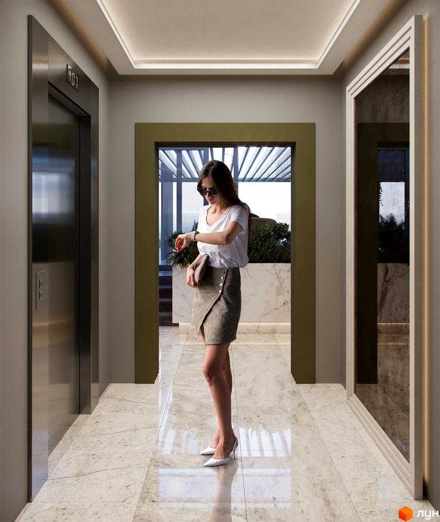 Інтер'єр холу Житлового комплексу Krauss Gallery з мармуровою підлогою, ліфтом та виходом до світлої зони відпочинку.