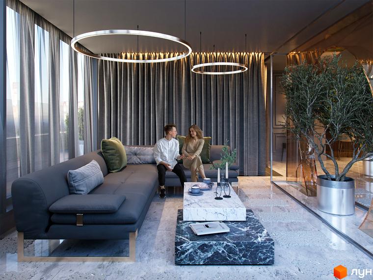 Вітальня Житлового комплексу Krauss Gallery: інтер'єр з великим диваном, мармуровими столами та панорамними вікнами.