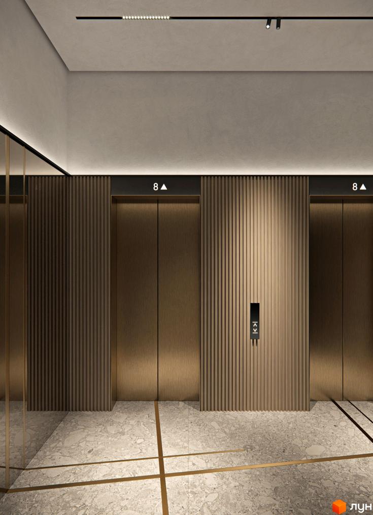 Інтер'єр холу в Kandinsky Odesa Residence. Ліфти з металевими дверима та декоративними панелями. Підлога з мармуровою плиткою та золотистими лініями.