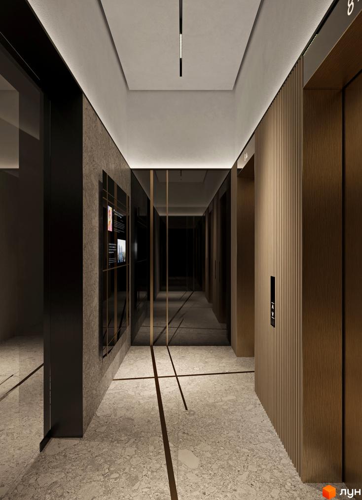 Коридор житлового комплексу Kandinsky Odesa Residence з мармуровою підлогою та ліфтами. На стінах панелі з дерева та інформаційні стенди.