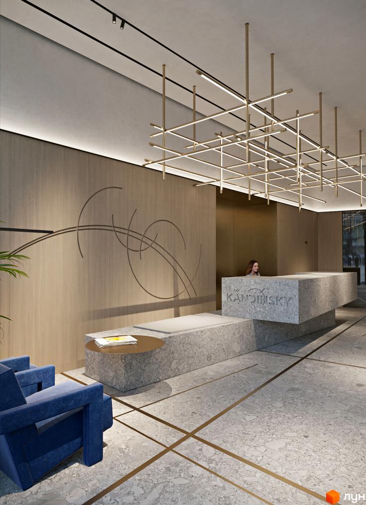 Інтер'єр холу житлового комплексу Kandinsky Odesa Residence з рецепцією, меблями та декоративним освітленням. Світлий дизайн з використанням натуральних матеріалів.