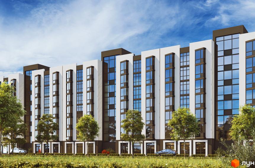 Фасад Житлового комплексу City House Resort виконаний у білих та темно-коричневих тонах з великими вікнами. Перед будинком розташована зелена зона з деревами та доріжками.
