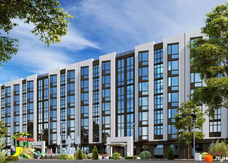 Новобудова ЖК City House Resort з великою кількістю вікон та прибудинковою територією з дитячим майданчиком та фонтанами.