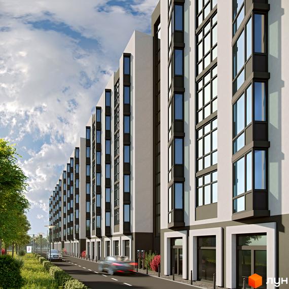 Житловий комплекс City House Resort: ряд багатоповерхових будинків зі світлими фасадами та темними вікнами, поруч дорога та зелена зона.