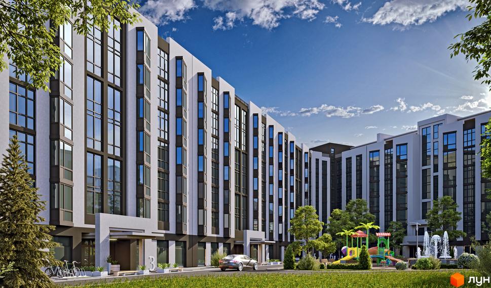 Зовнішній вигляд житлового комплексу City House Resort з великою кількістю вікон та прибудинковою територією з дитячим майданчиком та фонтанами.