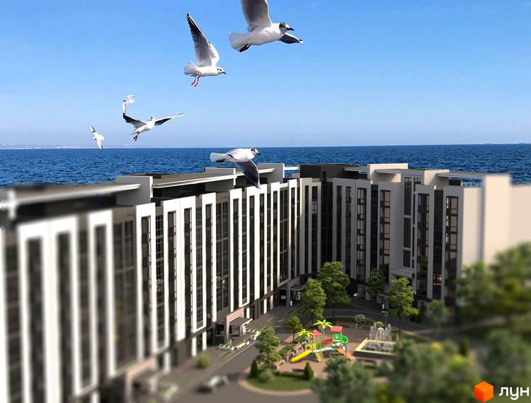 Житловий комплекс City House Resort з сучасними фасадами та балконами, поруч дитячий майданчик та фонтан біля моря.