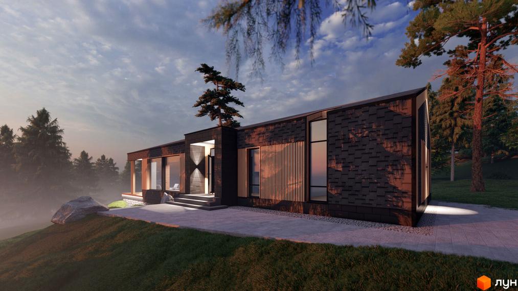 Зображення житлового будинку КМ INO club з темним фасадом, панорамними вікнами та терасою. Навколо будинку зелені насадження та дерева.