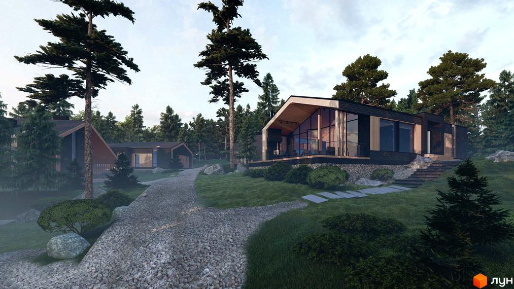 Котеджний комплекс INO club. Дерев'яний будинок з панорамними вікнами розташований серед лісу. До будинку веде кам'яна доріжка.