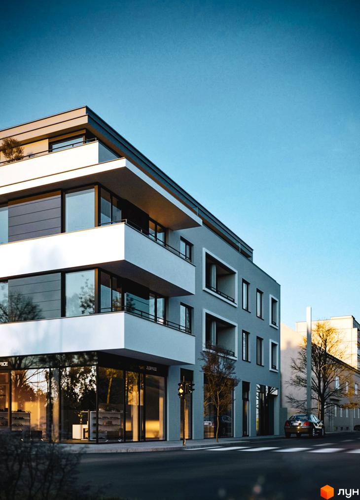 Зображення фасаду будівлі ЖК R23 з великими вікнами та скляним входом. На вулиці стоїть автомобіль та ростуть дерева.