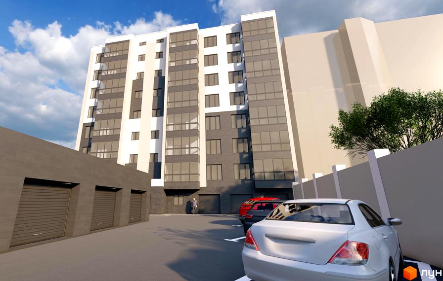 Зовнішній вигляд новобудови на вул. Короля Данила, 3а, з паркінгом та гаражами. Фотографія житлового комплексу з автомобілями та зеленими насадженнями.